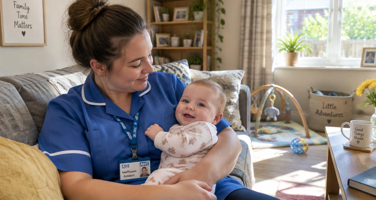 Healthcare assistant at home holding her baby