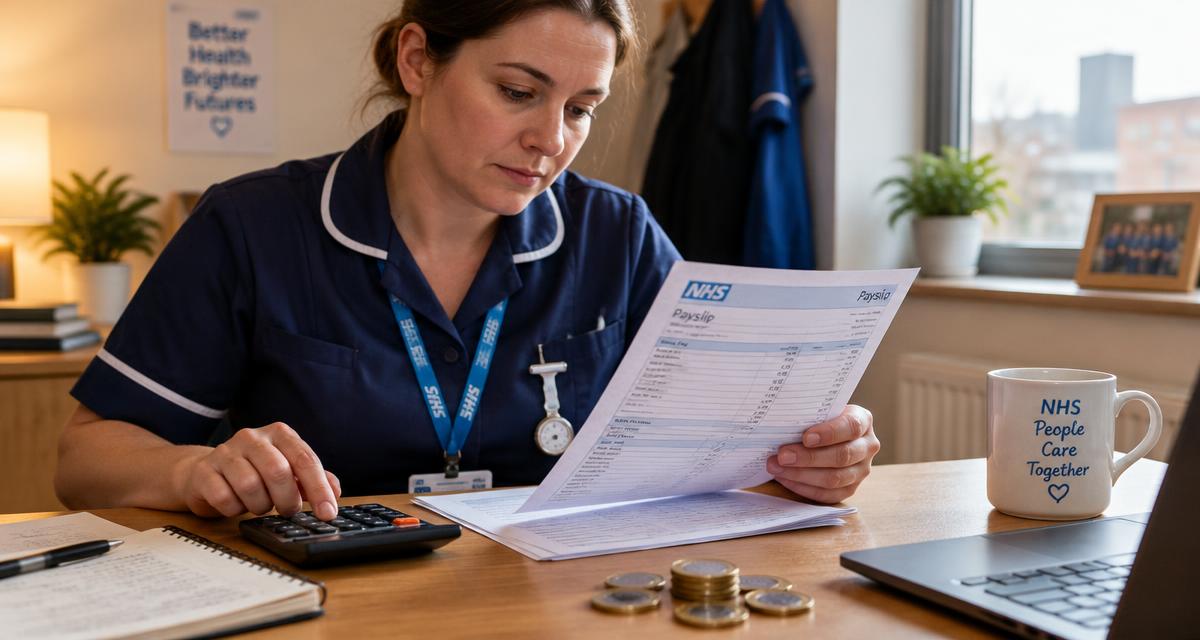 NHS worker checking a payslip with a calculator