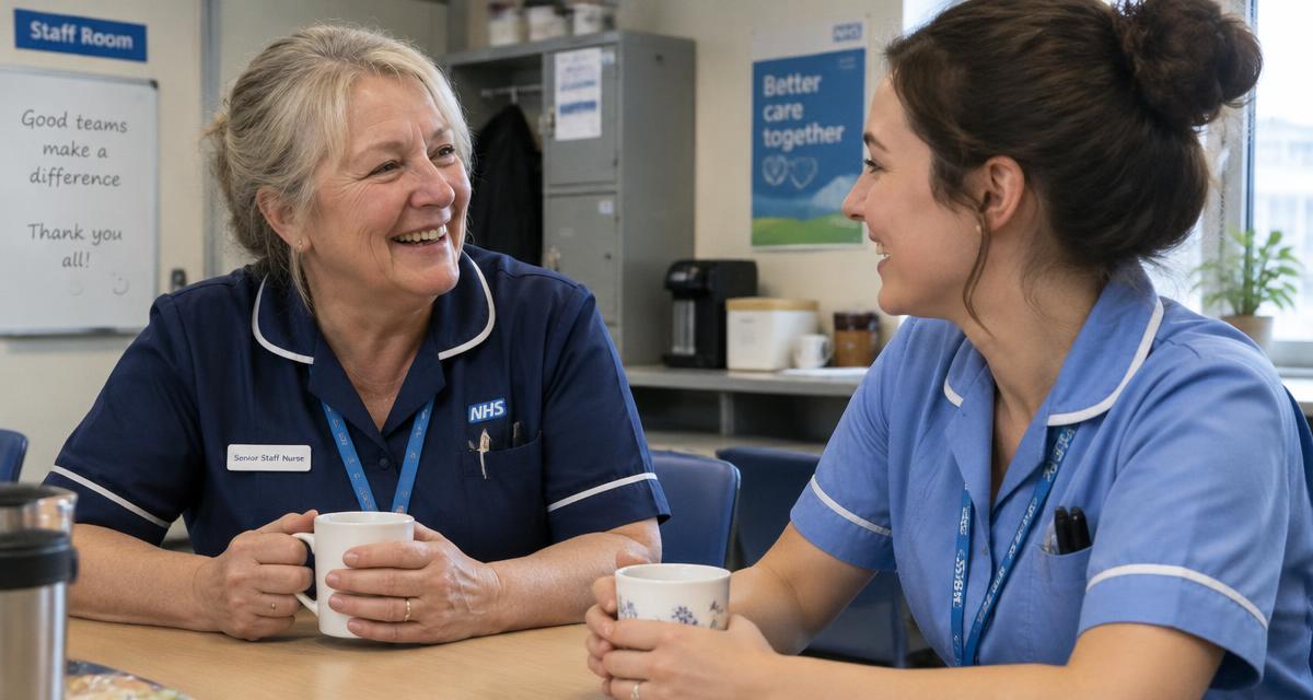 Senior nurse talking with a younger colleague in a staff room