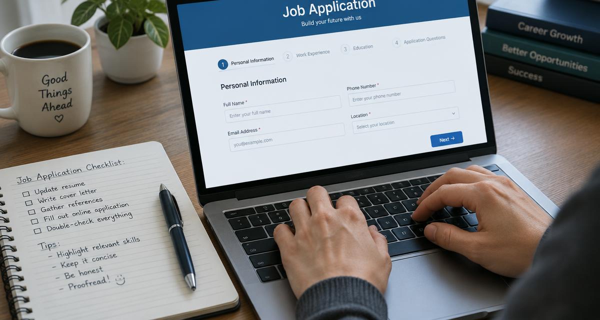 Hands typing an online job application on a laptop