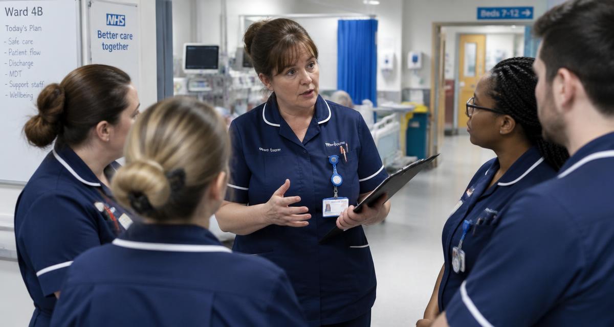 Ward sister leading a team huddle on a hospital ward