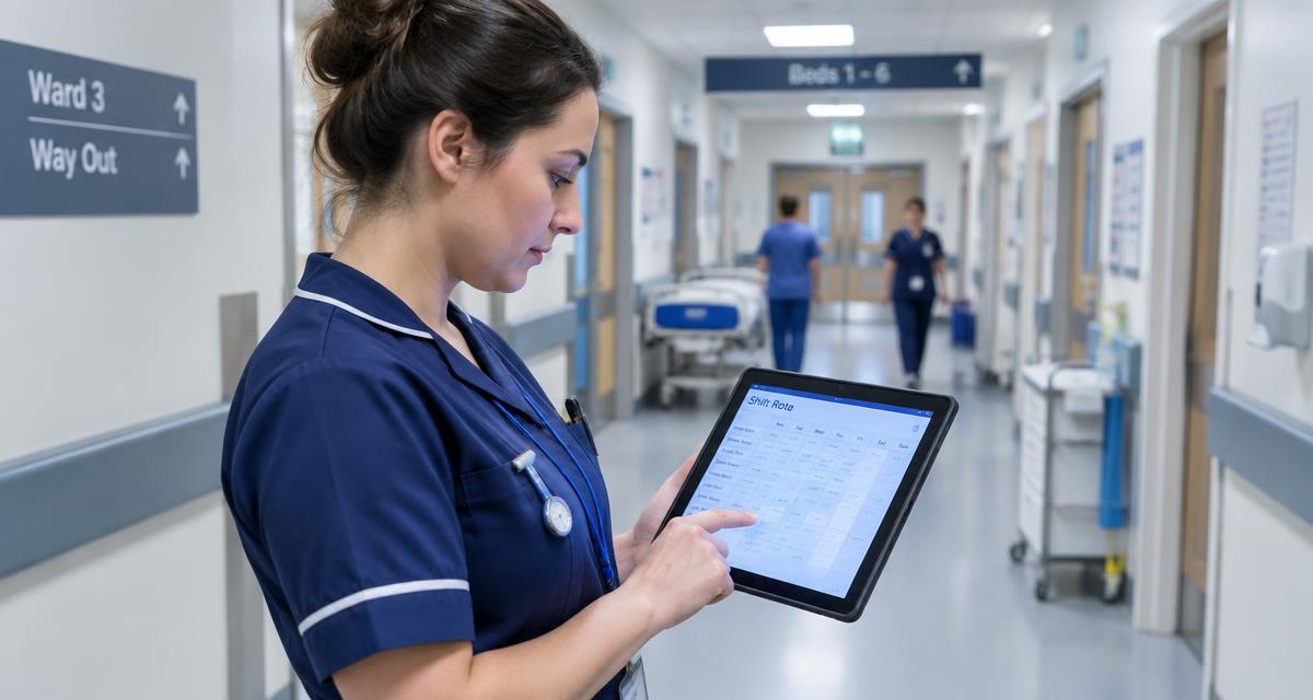 Nurse checking a shift rota on a tablet in a hospital corridor