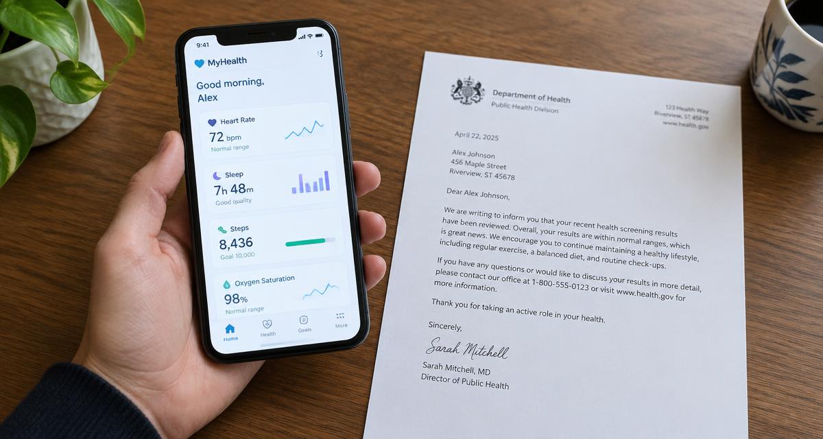 Phone showing a health app next to an official letter