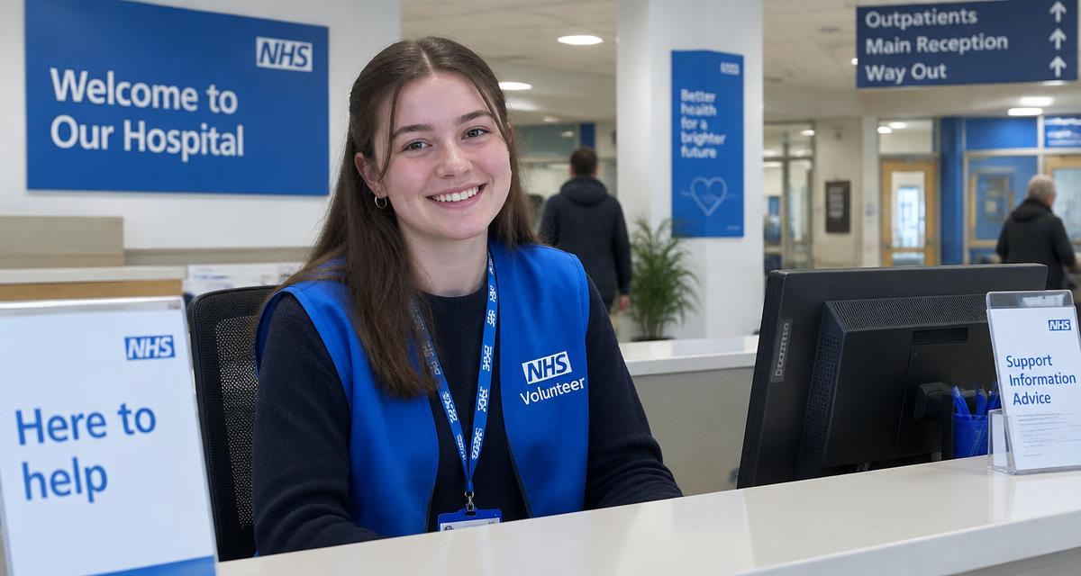 Young volunteer smiling at a hospital reception desk