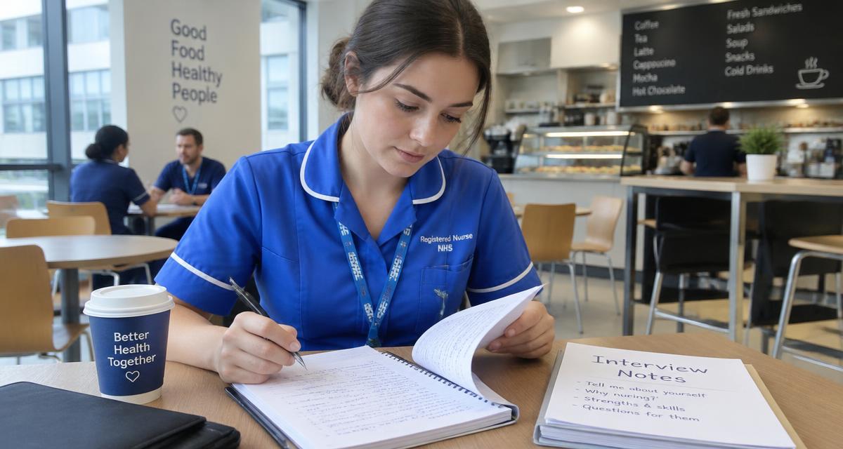 Nurse preparing interview notes in a hospital cafe