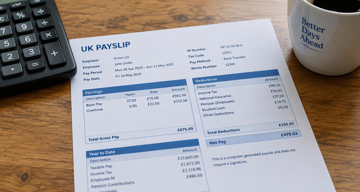 Printed UK payslip next to a calculator