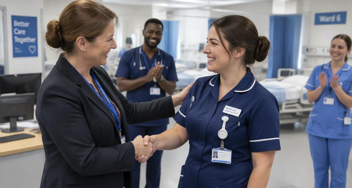 Nurse being congratulated by her manager on a promotion