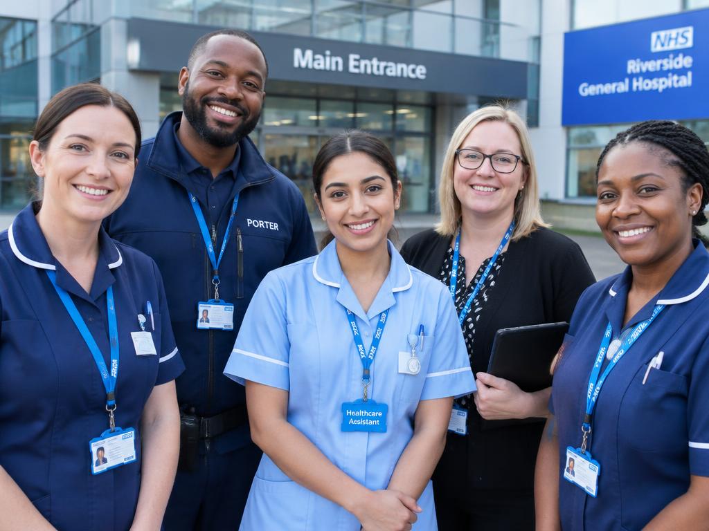 NHS team of nurses, a porter and admin staff outside a hospital